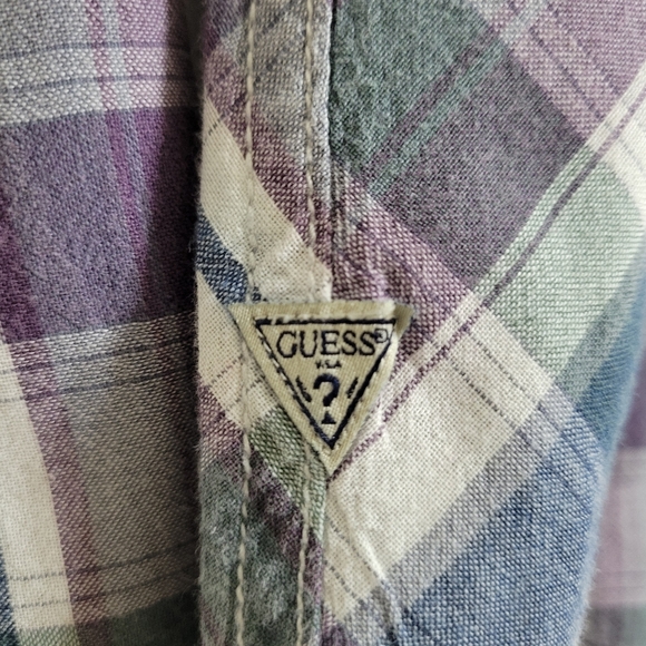 EUC•Guess Plaid Long Sleeve Embroidered Shirt with Pearl Snaps•Medium•💜💚🤍💙 - Picture 6 of 14
